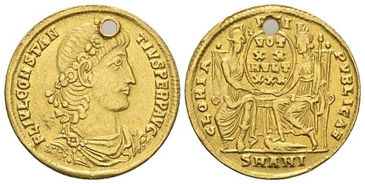 Solidus of Constantius II from Antioch, 347–355. A holed coin such as this was likely worn as a jewelry piece by a prominent or wealthy Roman