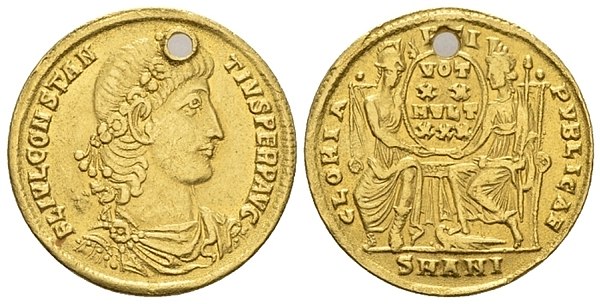 Solidus of Constantius II from Antioch, 347–355. A holed coin such as this was likely worn as a jewelry piece by a prominent or wealthy Roman