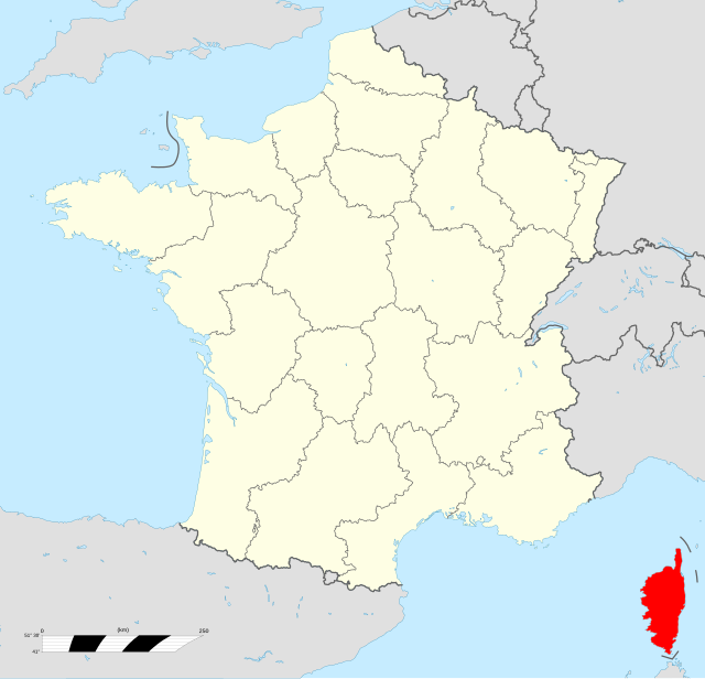 Carte administrative de la France métropolitaine, montrant la Corse en rouge.