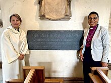 Revd Lucy Winkett and Revd Dr Rosemarie Mallett at the dedication of the plaque commemorating 250th anniversary of Ottobah Cugoano's baptism on 20 Aug 2023 Cugoano plaque at St James's Piccadilly.jpg