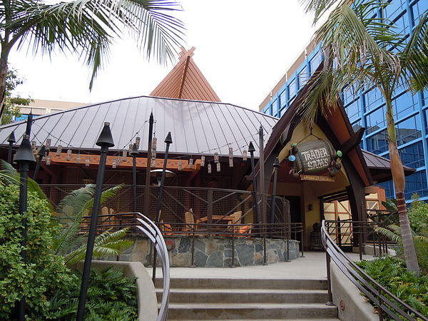 Trader Sam's Enchanted Tiki Bar at the Disneyland Hotel following the hotel renovation in 2012. To the right is the Adventure Tower with new blue wind