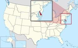 Yhdysvaltain kartta, jossa Delaware korostettuna