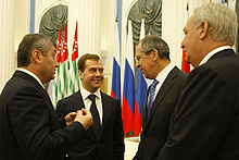 The leaders of Abkhazia, Russia and South Ossetia, shortly after the 2008 war. Left to right: South Ossetian President Eduard Kokoity; Russian President Dmitry Medvedev; Russian Foreign Minister Sergey Lavrov; Abkhazian President Sergei Bagapsh. Dmitry Medvedev 17 September 2008-3.jpg