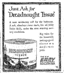 EB Eddy "Dreadnought" toilet tissue ad from 1927. Dreadnought tissue The Clinton News Record, 1927-09-08, Page 3.png