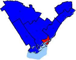 Map of the region's ridings. Colours show the result from the 2006 election Eo06.PNG