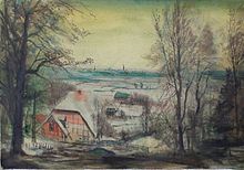 „Blick auf Nienburg“;Aquarell, Federzeichnung von Ernst Thoms, 1946