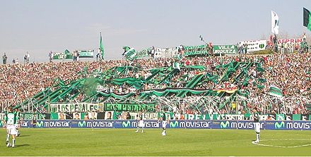 Members of barras bravas are scattered between the flags that they deploy. In the picture, barra brava of Club Atlético Nueva Chicago, from Argentina, in the middle of the crowd.