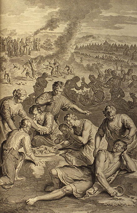 A Plague Inflicted on Israel While Eating the Quail (illustration from the 1728 Figures de la Bible)