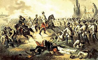 Austrian Emperor Franz Joseph with his troops at the Battle of Solferino, 1859 Francesco Giuseppe fra le truppe a Solferino 1859.jpg