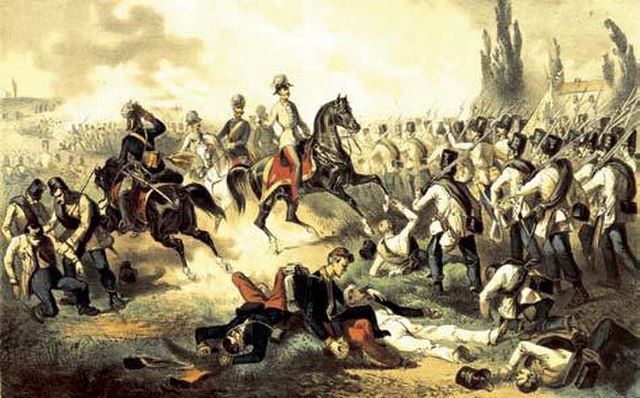 Austrian Emperor Franz Joseph with his troops at the Battle of Solferino, 1859