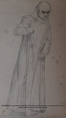 GabrielMartin LesEnervés Наступательный монах, этюд Инактиничный синий карандаш и уголь на розовой тряпичной бумаге. Формат 1-2