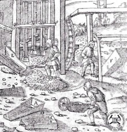 Ore stamp mill (behind worker taking ore from chute). From Georg Agricola's De re metallica (1556)