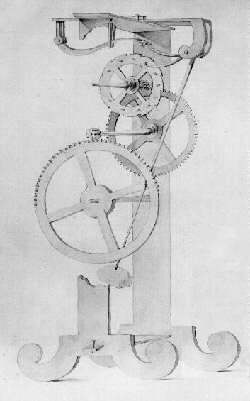 Original drawing from around 1637 of the pendulum clock designed by Galileo, incorporating the escapement.