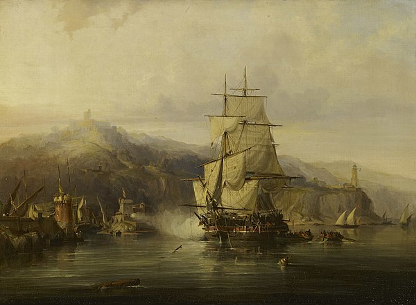 Capture of the fort & vessels in the Harbour of Begu, by HMS Hydra, Capt. G. Mundy 7 August 1807