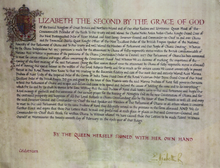 The royal proclamation of Ghana's independence with Queen Elizabeth's British title at top, as the Ghanaian parliament had not yet enacted the Royal Style and Titles Act 1957 Ghana's Independence message.png