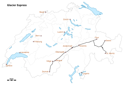 The Glacier Express's route through Switzerland