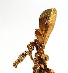 Native gold. Rare specimen of stout crystals growing off of a central stalk, size 3.7 x 1.1 x 0.4 cm, from Venezuela. Gold-mz4b.jpg