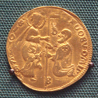 Gold coin of Jacques de Milly, Master of the Knights of Rhodes, 1454-1461. British Museum. Gold coin of Jacques de Milly Master of the Knights of Rhodes 1454 1461.jpg