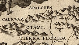 Diego Gutiérrez's 1562 map of the Western Hemisphere, showing the first known use of a variation of the place name Appalachia (Apalchen) from his map, Americae sive qvartae orbis partis nova et exactissima descriptio