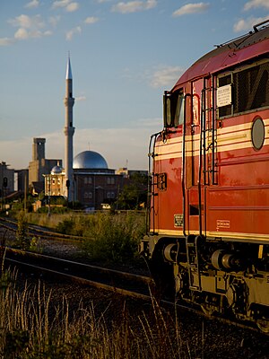 Former Norwegian Di 3 locomotive, now Kosovo Railways number 007, in front of the depot at Fushë Kosovë after a day's work