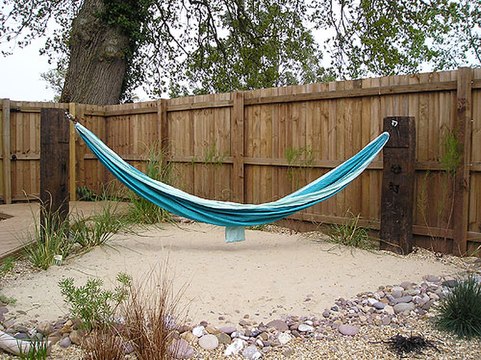 Nylon hammock,residential backyard.