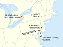 Mapa de locais em Maryland, Pensilvânia, Nova Iorque e Ontario