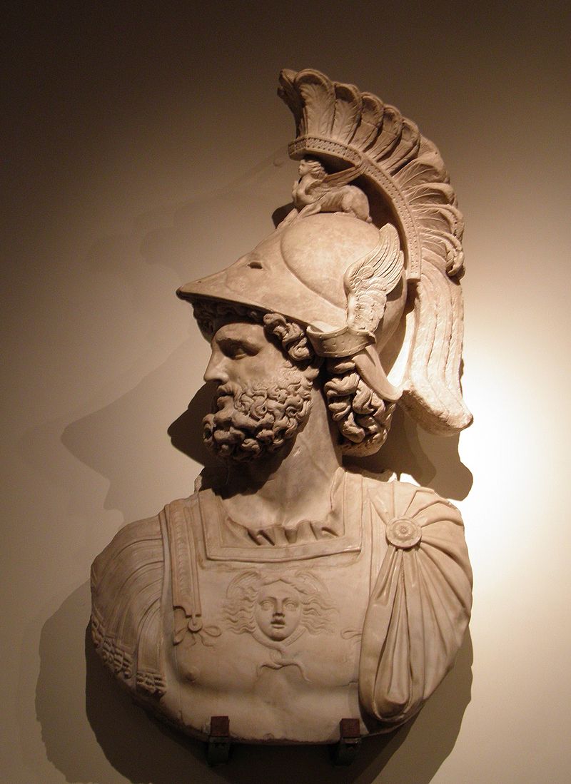 Head of Mars Ultor (the Avenger), 2nd century CE, part of a relief sculpture and based on similar representations from Temple of Mars Ultor in the Forum of Augustus, Palazzo Altemps, Rome (13005021753).jpg