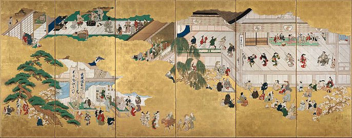 Esimerkki Moronobun maalauksesta. ”Näkymä Nakamuran kabuki-teatterista”, n. 1684–1704, 158 × 384 cm, Museum of Fine Arts, Boston.[14]