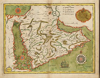 Ottoman geographer Katip Celebi's 1648-1657 map showing the term rD flstn ("Land of Palestine") Houghton Typ 794.34.475 - Katip Celebi, Kitab-i cihannuma.jpg