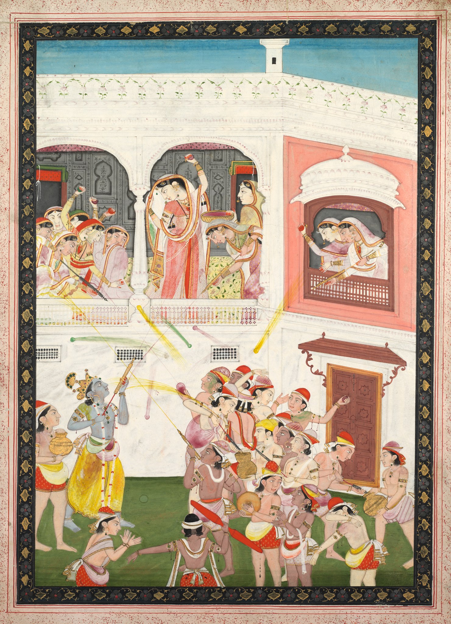 Krishna and his friends play Holi with Radha and her friends who throw colour at them from a balcony <br><br><hr> In 20-Holi-Pictures: Celebration through the Ages
