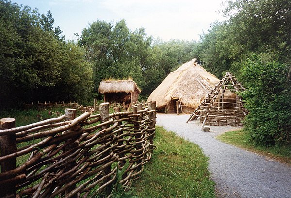 Reconstruction of a Neolithic farmstead, Irish National Heritage Park. The Neolithic saw the invention of agriculture.