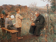 Painting by Jules-Alexis Muenier showing the teaching of the catechism which was denominational and so acted as a barrier to education for children of other denominations Jules-Alexis Muenier - La Lecon de catechisme.jpg