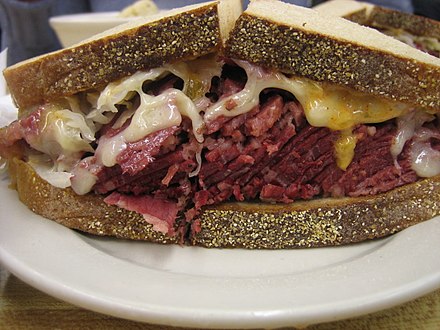 Corned beef piled high on rye: a Reuben at Katz's