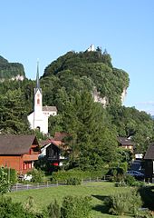 Village church of Walenstadt-Berschis, in the background is the St. Georg Chapel Kirchen Berschis.jpg