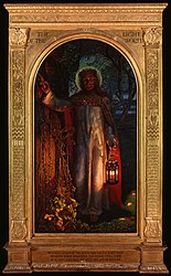 The Light of the World (1900-1904), by William Holman Hunt, St Paul's Cathedral, London. Christ knocks on a door representing the human soul and carries a lantern in allusion to his phrase "I am the light of the world, he who follows me shall not walk in darkness, for he shall have the light of life" (John 8:12). Light of the World Hunt.jpg