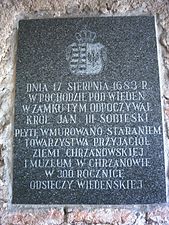 Tablica upamiętniająca wizytę Jana III Sobieskiego na zamku w sierpniu 1683 r.