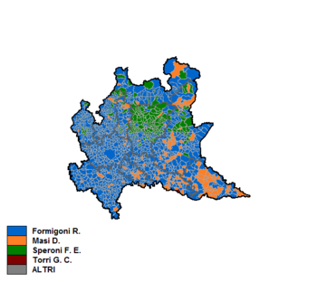 Election results map. Orange denotes municipalities won by Masi, Blue denotes those won by Formigoni, Green denotes those won by Speroni and Dark red denotes those won by Torri. Lombardia 1995 Coalizioni.png