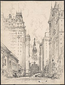 "Broad Street" (lithograph, 1915 postcard series), Philadelphia Art Alliance Looking up Broad Street from Spruce Street LCCN2007666534.jpg