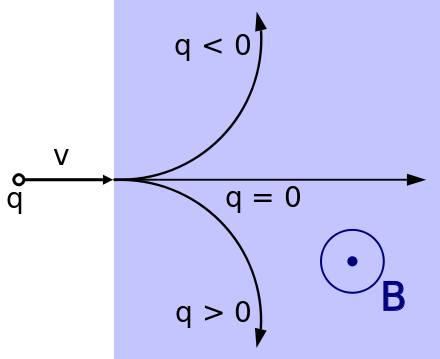 Una partícula de càrrega q (a l'esquerra) es mou amb una velocitat v a través d'un camp magnètic B orientat cap al lector. Un electró té una q negativa, per la qual cosa el seu moviment segueix la trajectòria curvilínia cap a dalt.