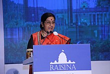 Minister of External Affairs, Sushma Swaraj during Raisina 2016 MEA.jpg