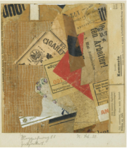 Collage "Merz-drawing 85, Zig-Zag Red" (1920), by Kurt Schwitters, composed with the fragments of scraps and torn papers clinching over the canvas. Tearing papers can suggest an act of artistic experience, connoting an emotional or creative crisis. MERZZEICHNUNG 85 ZICKZACKROT (MERZDRAWING 85 ZIG-ZAG RED).PNG