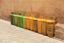 A group of 25 kg (55 lb) liquefied petroleum gas (LPG) cylinders in Malta Malta - Mdina - Triq San Pawl 04 ies.jpg