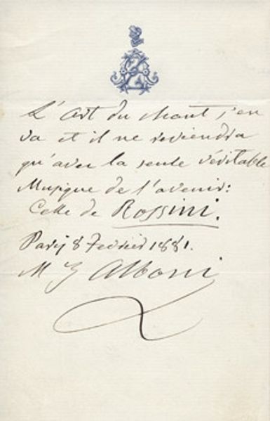 Hand-written note by contralto Marietta Alboni about the decay of bel canto in the late 19th century. The French text reads: "The art of singing is go