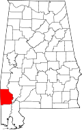 Kort over Alabama med Washington County markeret
