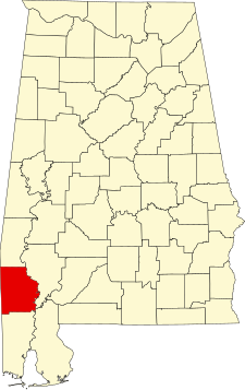 Location of Washington County in Alabama Map of Alabama highlighting Washington County.svg