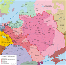 Map of the Kingdom of Poland and the Grand Duchy of Lithuania between 1386 and 1434 showing the Principality of Moldavia as a Polish fief. Map of the Grand Duchy of Lithuania (pink) and the Crown of the Kingdom of Poland (red) in 1386 - 1434.png