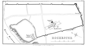 The city is defined by a wall in the shape of a trapezium, will the River Medway on the western side. Rochester Castle is in the south-west corner of the walls.