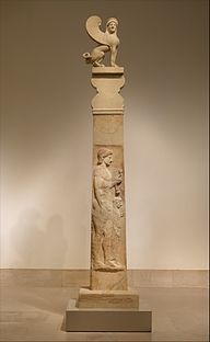 Marble stele (grave marker) of a youth and little girl with capital and finial in the form of a sphinx MET DP116926.jpg