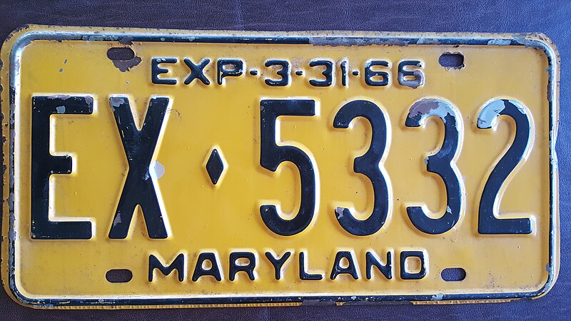 File:Maryland 1966 license plate - Number EX♦5332.jpg