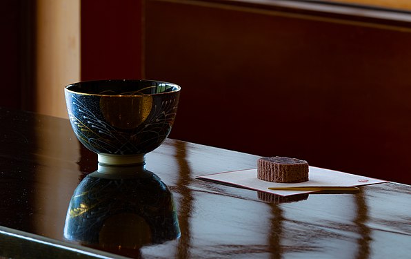 Matcha chawan and wagashi at Senrian (teahouse) in Japanese garden.